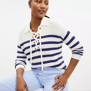 Ann Taylor Loft New Striped Lace Up Polo Sweater Navy White Nautical SZ Large
